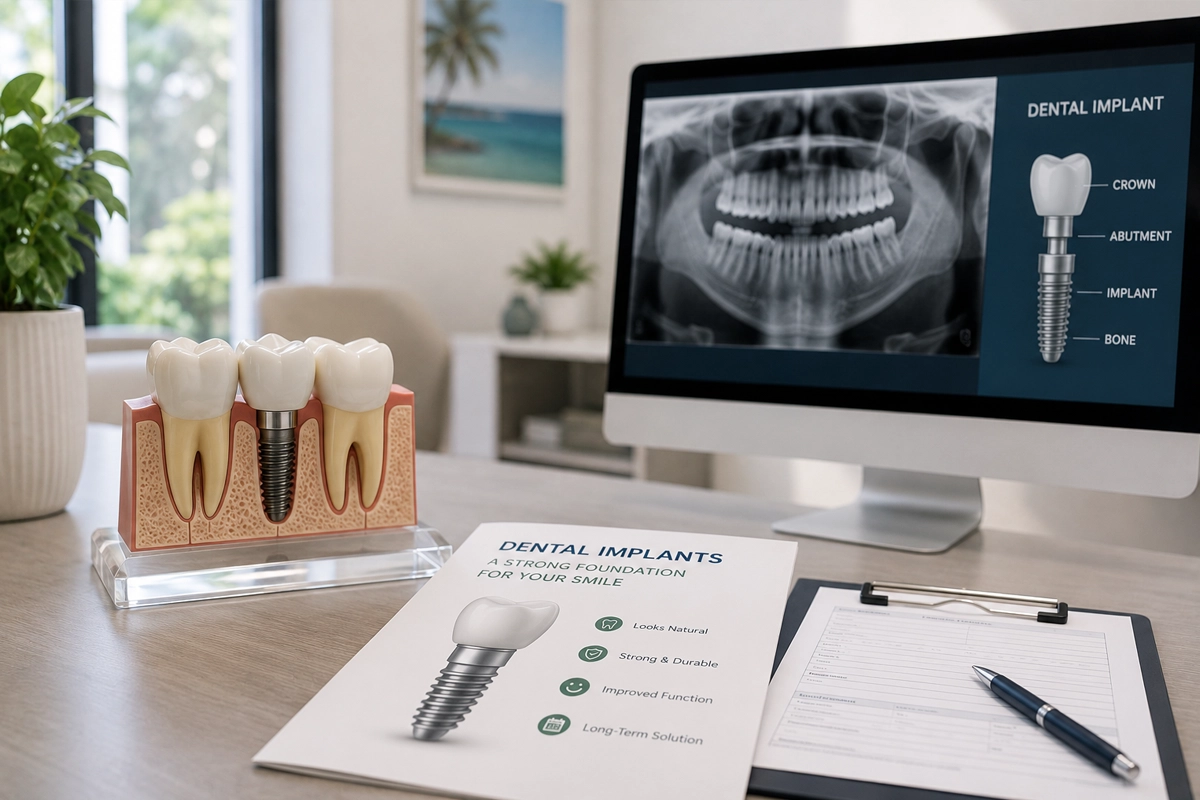 Modern dental implant consultation setup in a clean dental office