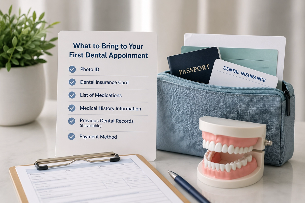 Dental appointment preparation items on a clean counter
